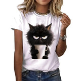 Funny Cat Women Summer White Print T-shirt